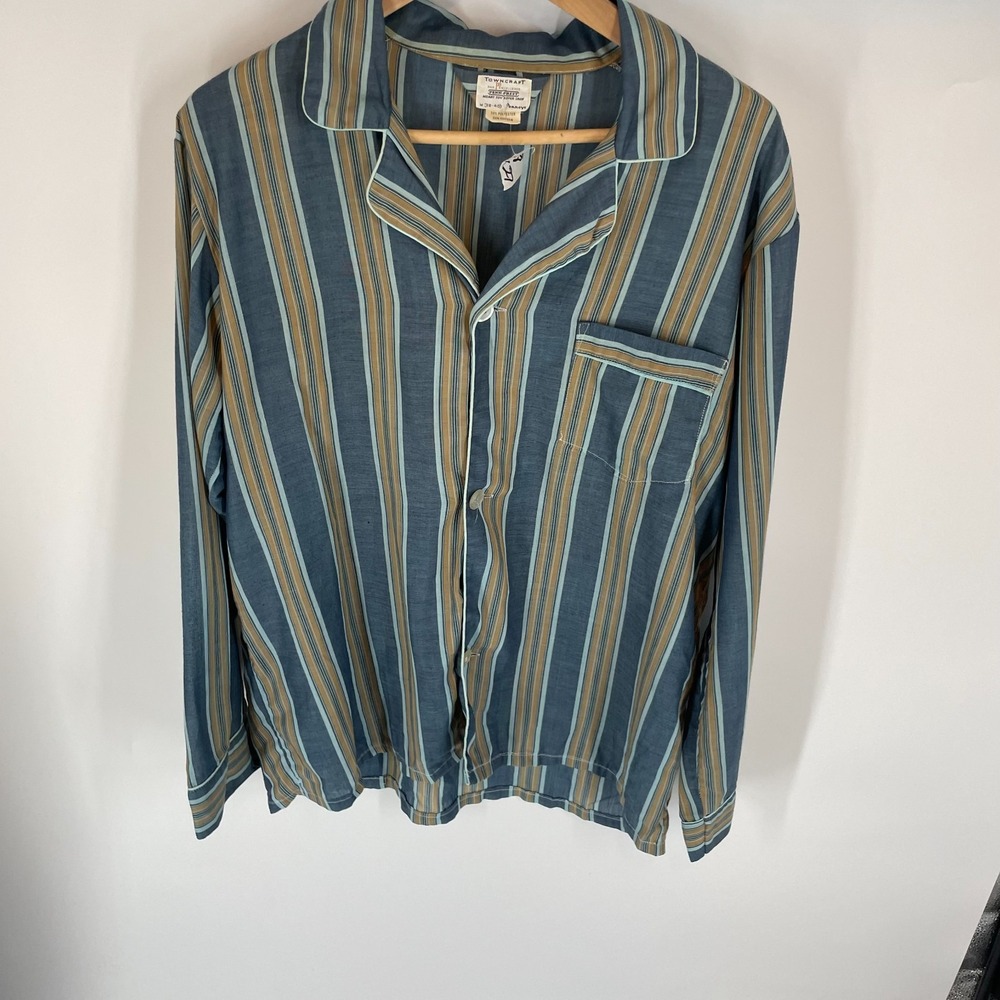 VTG Towncraft By Penneys Vertical Striped Pajama Shirt Teal Blue Olive Mens M